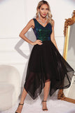 Czarna zielona cekinowa cekinowa sukienka bez rękawów Asymetryczna sukienka koktajlowa