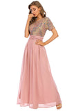 Blush Sequin A-line Round Neck Krótkie rękawy Długa suknia wieczorowa