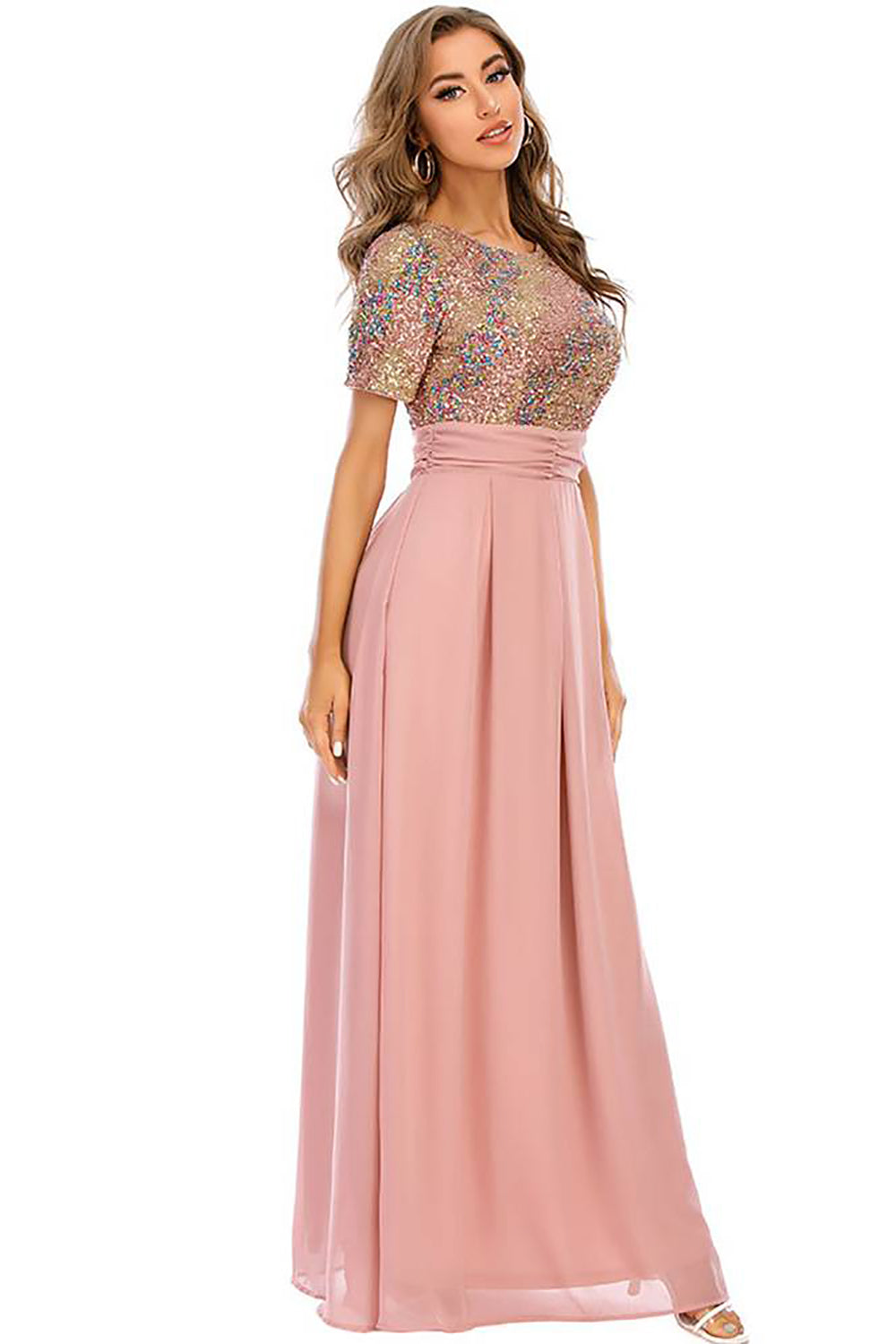 Blush Sequin A-line Round Neck Krótkie rękawy Długa suknia wieczorowa