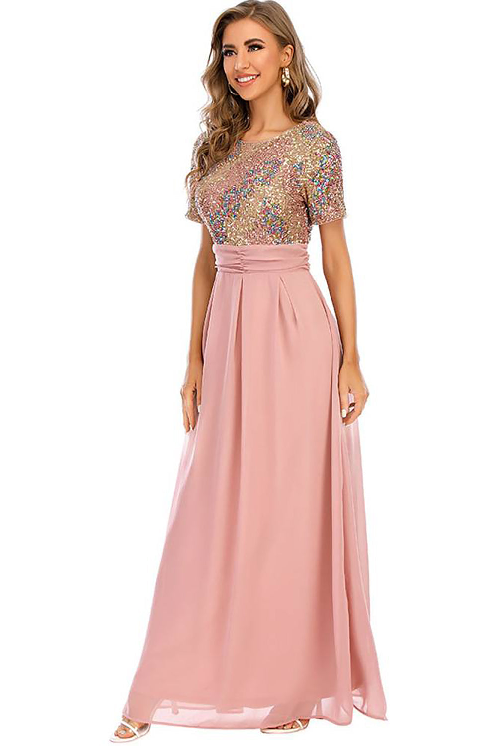 Blush Sequin A-line Round Neck Krótkie rękawy Długa suknia wieczorowa