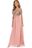 Blush Sequin A-line Round Neck Krótkie rękawy Długa suknia wieczorowa