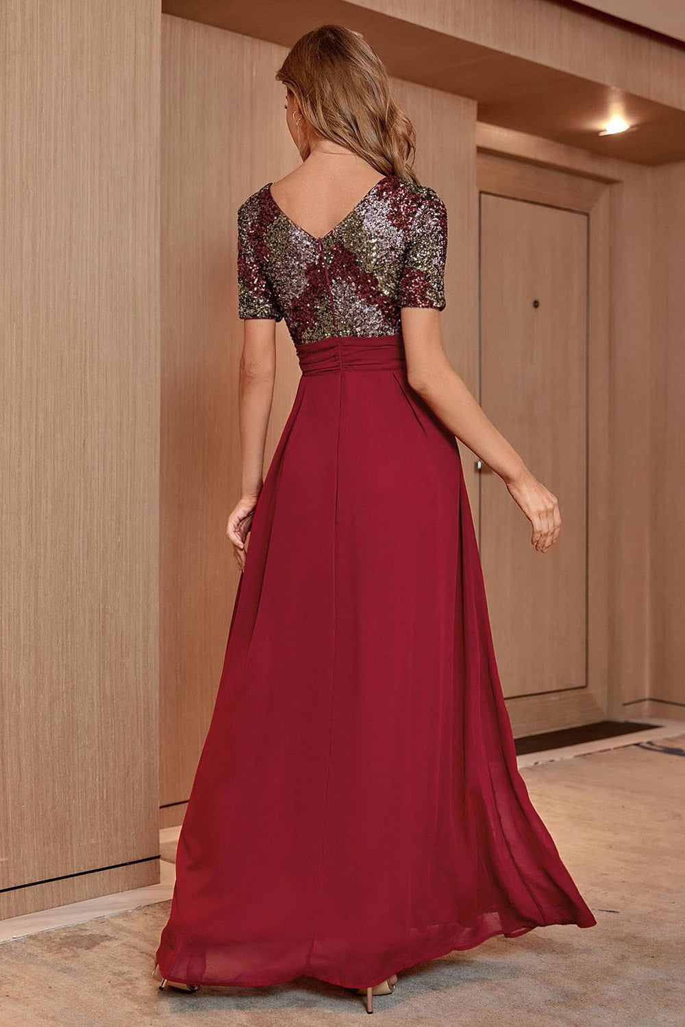 Blush Sequin A-line Round Neck Krótkie rękawy Długa suknia wieczorowa