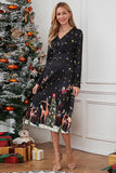 Świąteczna Czarna Sukienka Świąteczna Z Długim Rękawem Z Nadrukiem