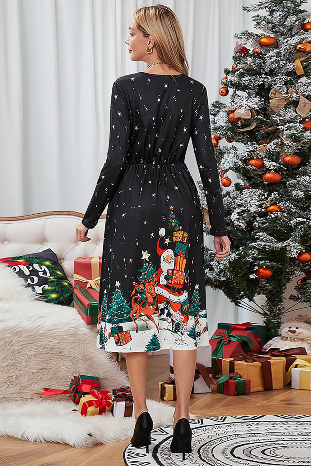 Świąteczna Czarna Sukienka Świąteczna Z Długim Rękawem Z Nadrukiem
