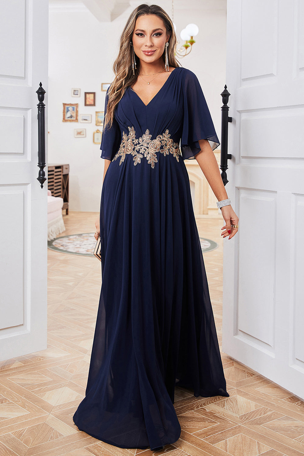 Granatowa Kształcie Litery A Szyfon Długa Sukienka Na Wesele