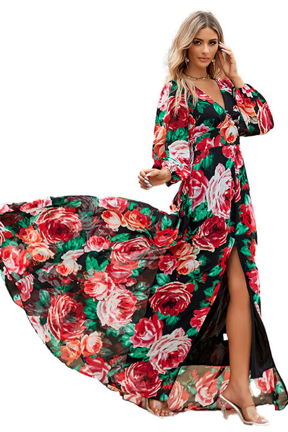 Czarna Czerwona Kwiatowa Letnia Sukienka W Kształcie Litery V I Wysokim Rozcięciem