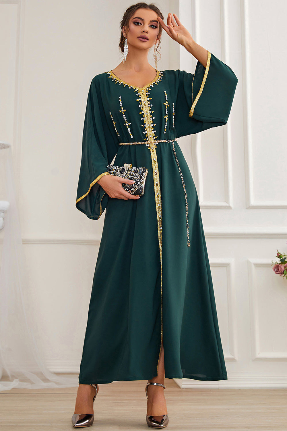 Ciemnozielone długie rękawy Maxi Abaya