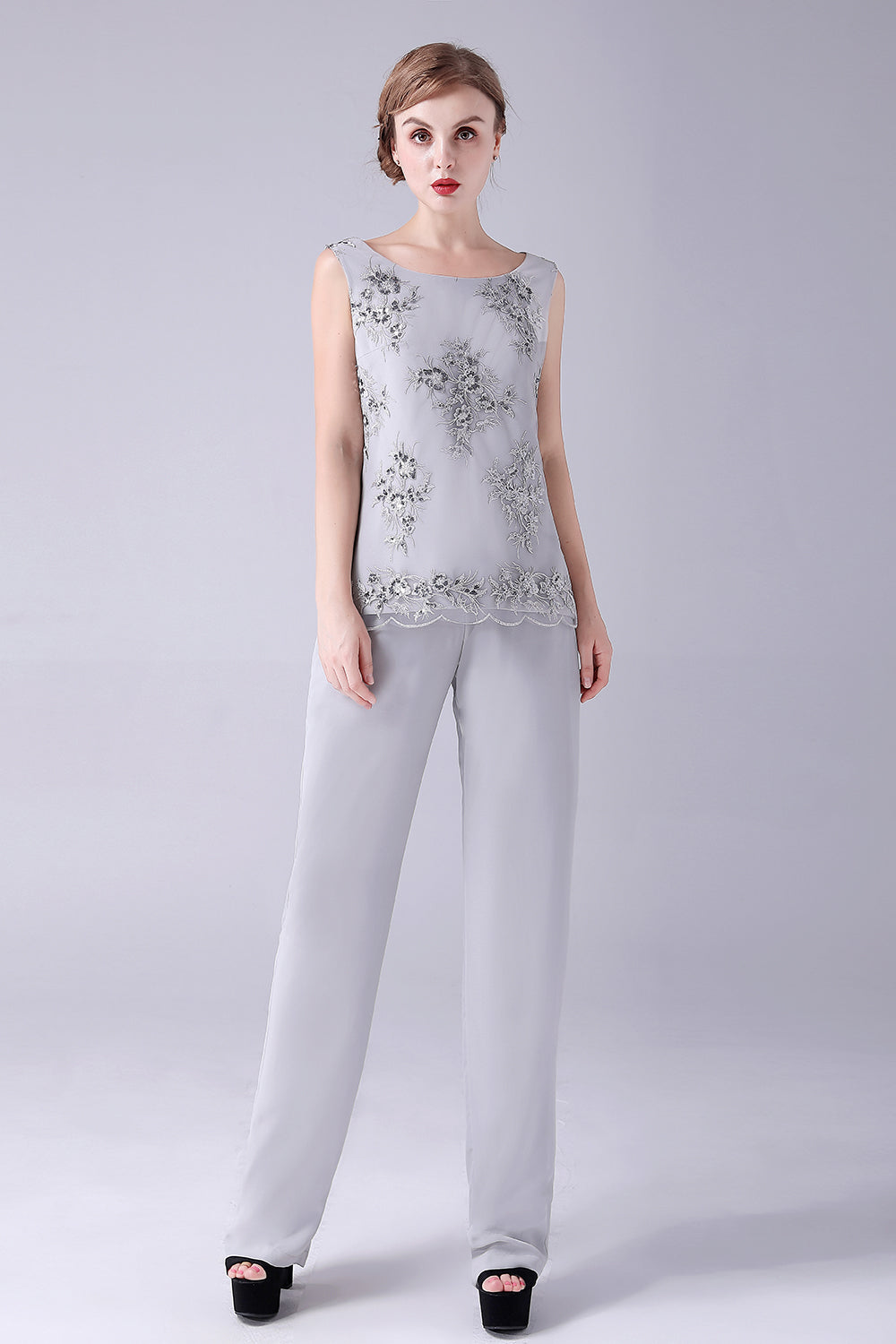 Granatowe 3-częściowe spodnie dla matki panny młodej z aplikacjami