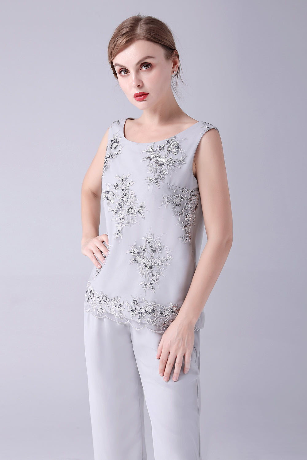 Granatowe 3-częściowe spodnie dla matki panny młodej z aplikacjami