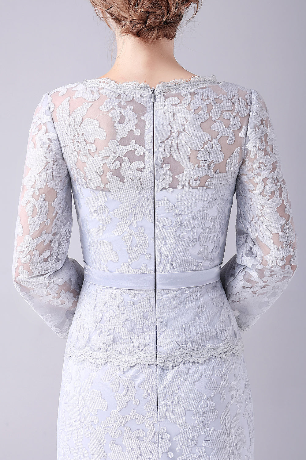 Srebrna Koronkowa Osłona Długie Rękawy Długość Podłogi Sukienki Dla Mamy Pana Młodego