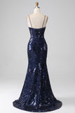Błyszcząca Ciemna Marynarka Cekinowe Syrenka Długa Sukienka Na Studniówkę z Rozcięciem