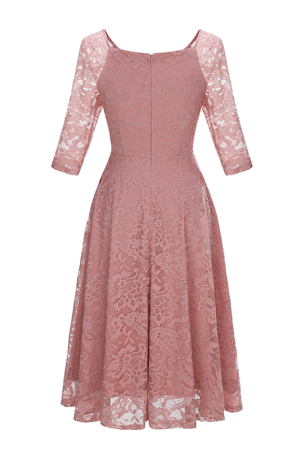 Pudrowy Róż Dekolt V 3/4 Rękawy Koronkowa Sukienka Imprezowa