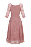 Pudrowy Róż Dekolt V 3/4 Rękawy Koronkowa Sukienka Imprezowa