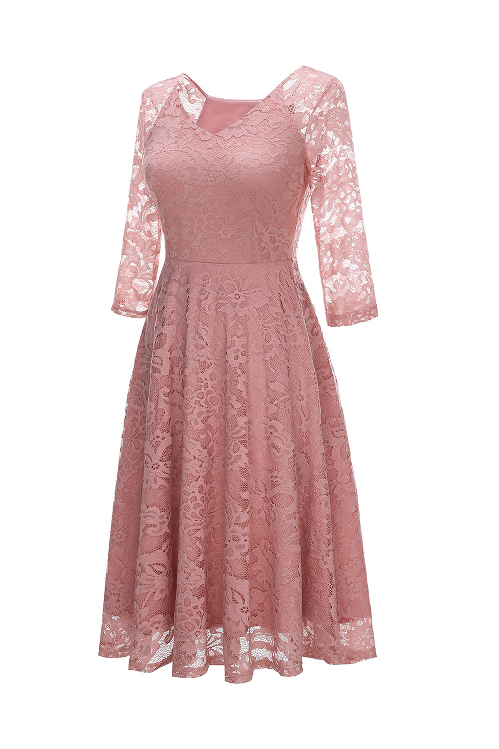 Pudrowy Róż Dekolt V 3/4 Rękawy Koronkowa Sukienka Imprezowa