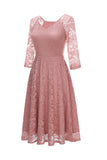 Pudrowy Róż Dekolt V 3/4 Rękawy Koronkowa Sukienka Imprezowa