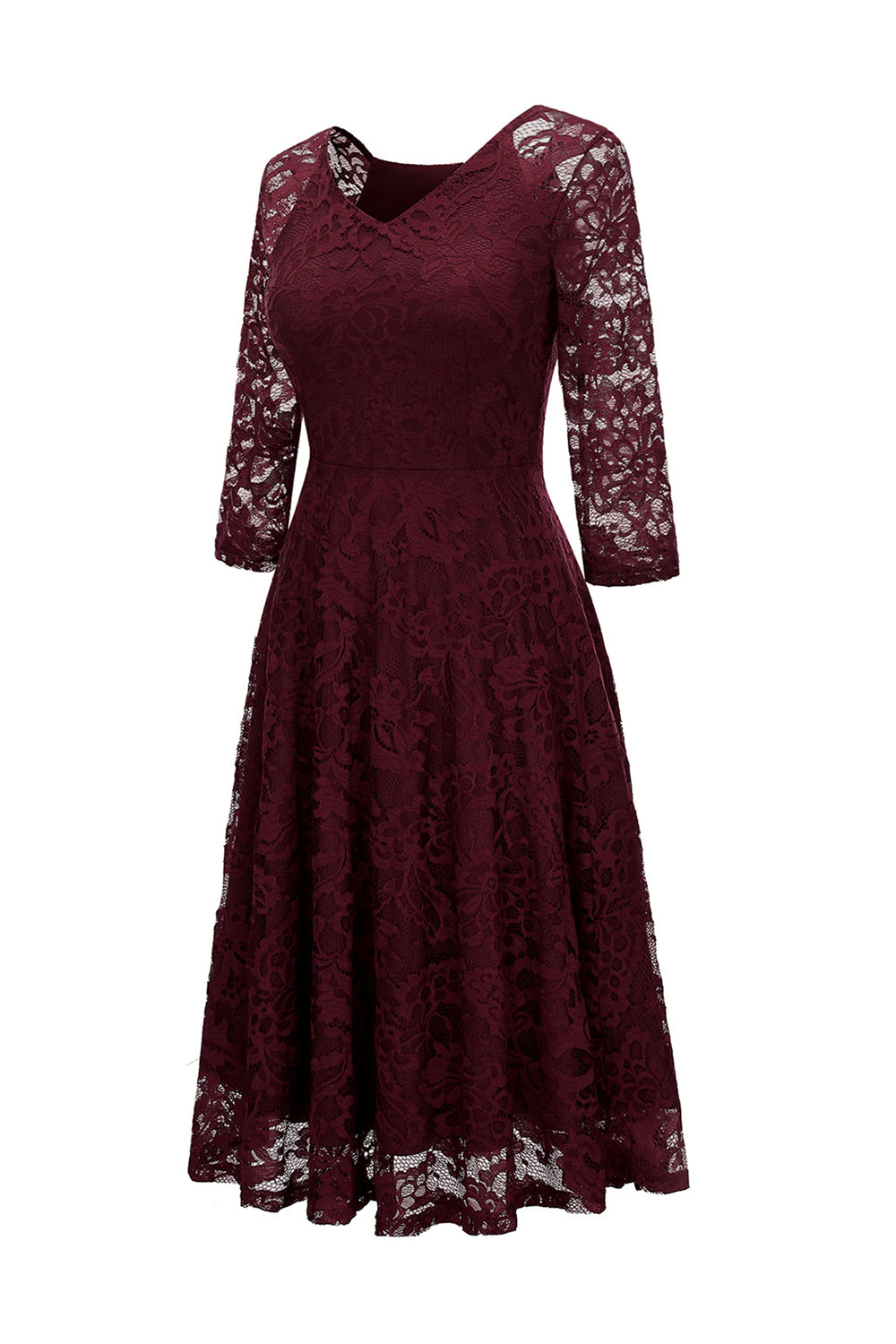 Pudrowy Róż Dekolt V 3/4 Rękawy Koronkowa Sukienka Imprezowa