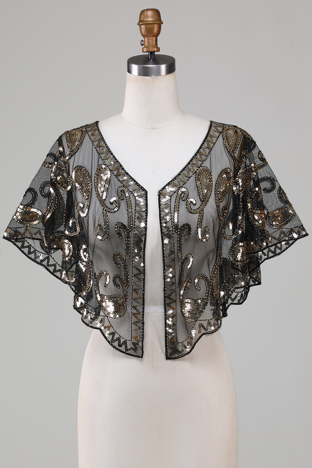 Czarny brokatowy cekiny 1920s Cape