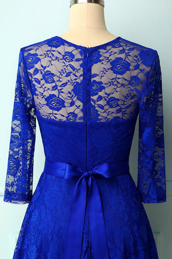 Królewska Niebieska Sukienki Koronkowe Z Rekawem