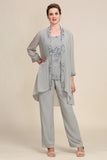 Zapaka Women Grey 3 Piece Mother of the Bride Pant Garnitury z koronką