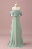 Sage Straps Cold Shoulder Szyfon Junior Sukienka dla druhen
