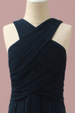 Navy Halter A-Line bez rękawów Junior Bridesmaid Dress