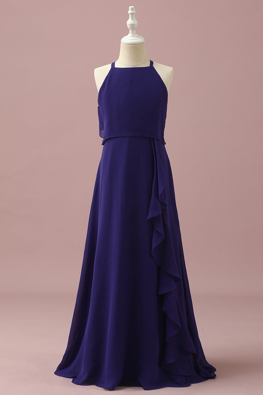 Fioletowa sukienka dla druhen Halter Chiffon Junior z kaskadowymi falbanami