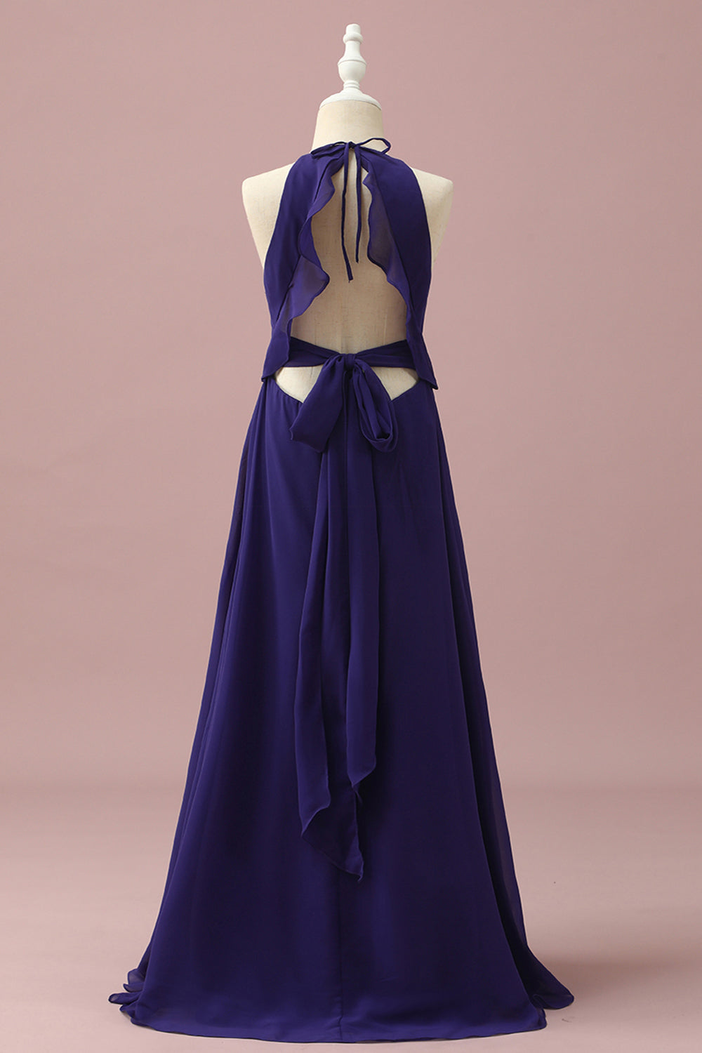 Fioletowa sukienka dla druhen Halter Chiffon Junior z kaskadowymi falbanami