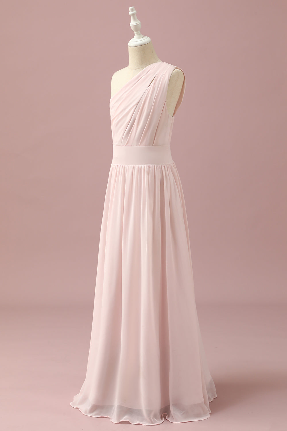 Jasnoróżowy szyfon na jedno ramię Junior Bridesmaid Dress