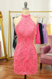 Różowa otwarta tylna sukienka Halter Lace Tight Homecoming Dress