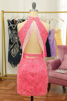 Różowa otwarta tylna sukienka Halter Lace Tight Homecoming Dress