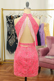 Różowa otwarta tylna sukienka Halter Lace Tight Homecoming Dress