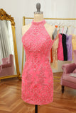 Różowa otwarta tylna sukienka Halter Lace Tight Homecoming Dress