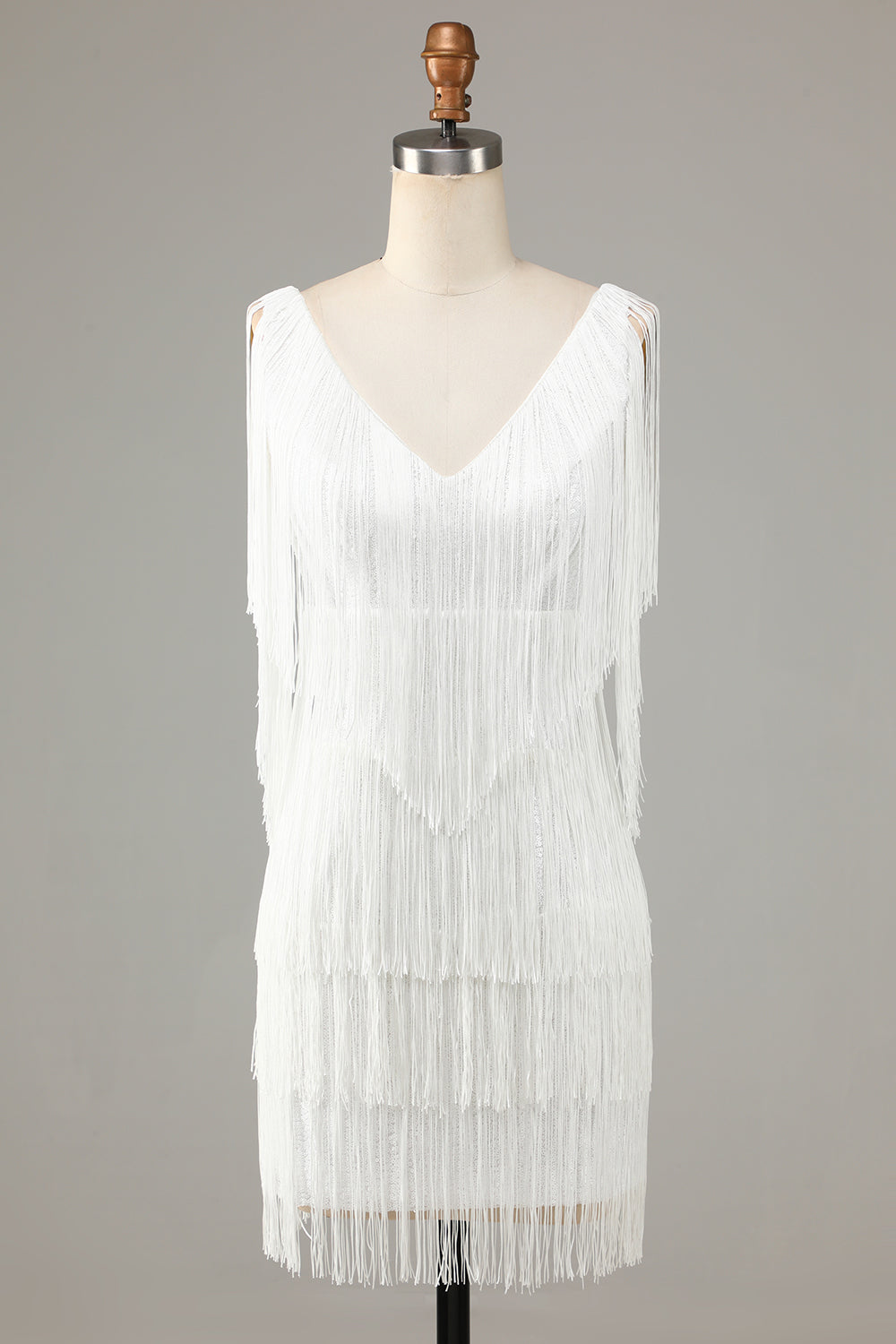 Ładna sukienka z dekoltem w serek z krzyżem mini z frędzlami