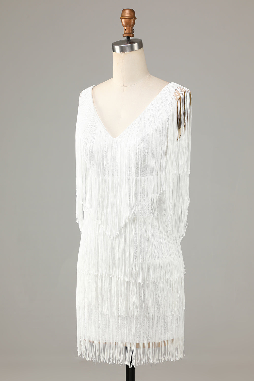 Ładna sukienka z dekoltem w serek z krzyżem mini z frędzlami