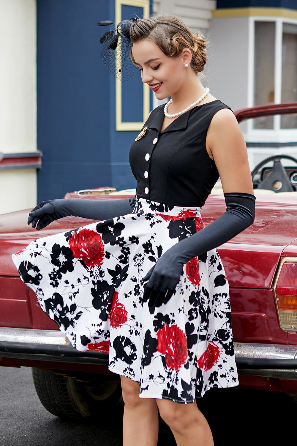 Czarna Sukienka z Nadrukiem w stylu Patchwork