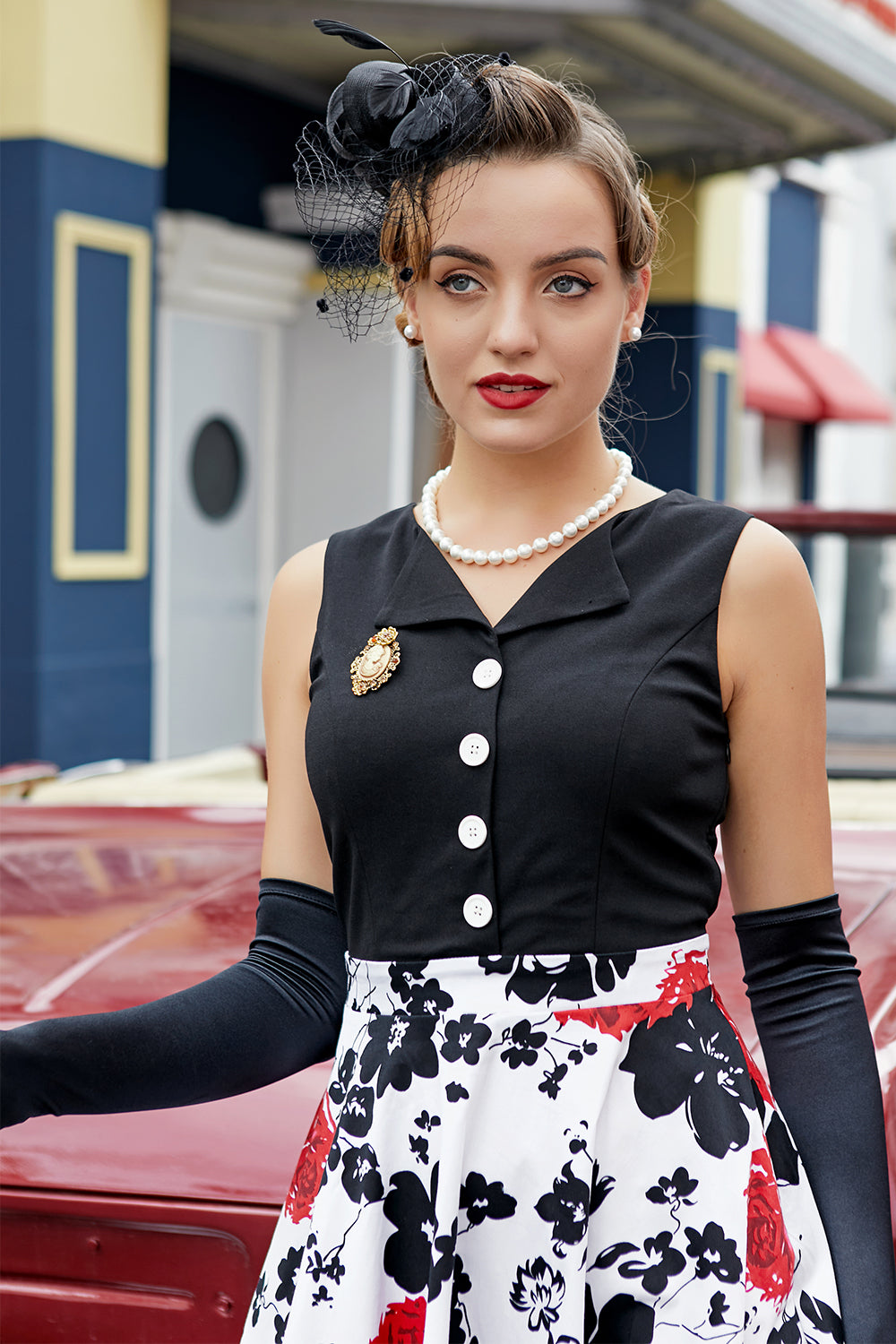 Czarna Sukienka z Nadrukiem w stylu Patchwork