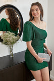 Zielona Sukienka Koktajlowa Na Jedno Ramię z Brokatowa