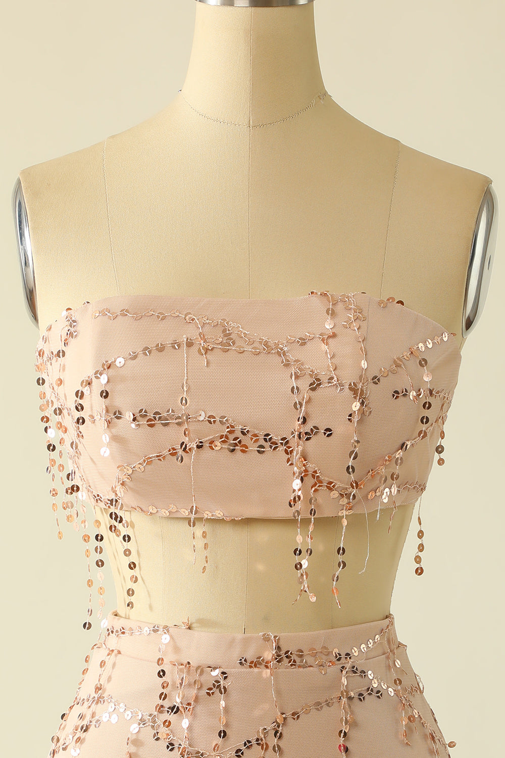Różowa Dwuczęściowa Sukienki Cekinowe Koktajlowa Bez Ramiączek