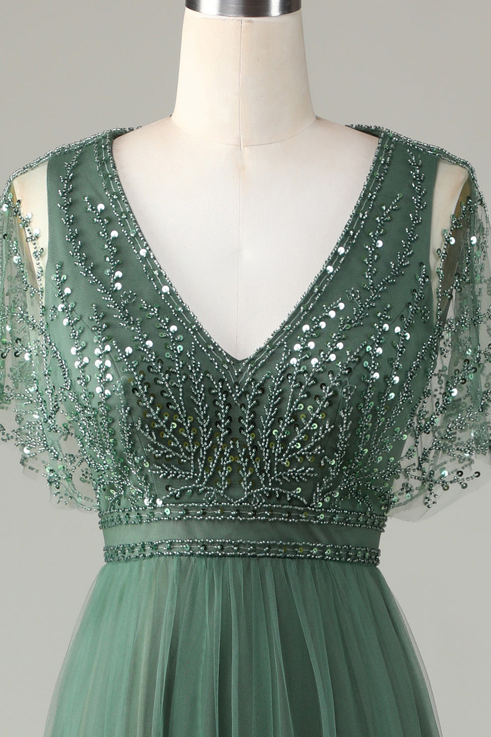 Błyszcząca Eukaliptus Kształcie Litery A Tiulowe Długa Sukienka Na Wesele z Rękawy