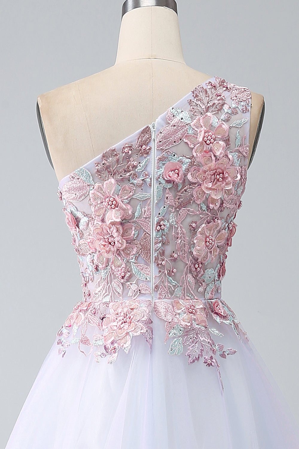 Różowa sukienka na studniówkę w kształcie litery A na jedno ramię z aplikacjami