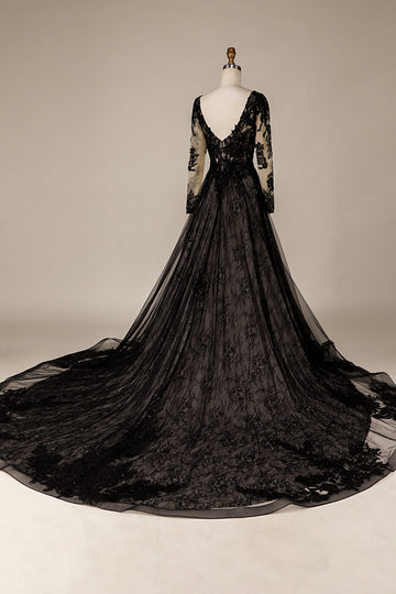 Błyszcząca Czarna Koronki Suknia Ślubna Księżniczka z Długim Rękawem