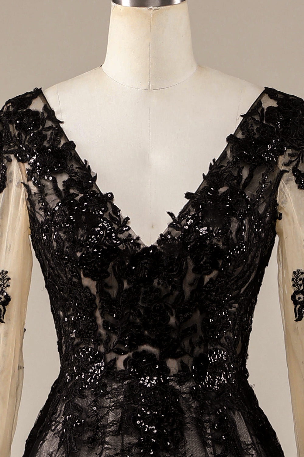 Błyszcząca Czarna Koronki Suknia Ślubna Księżniczka z Długim Rękawem