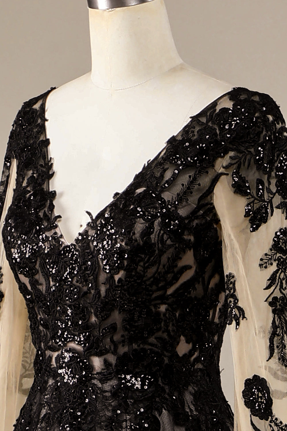 Błyszcząca Czarna Koronki Suknia Ślubna Księżniczka z Długim Rękawem