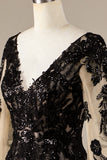Błyszcząca Czarna Koronki Suknia Ślubna Księżniczka z Długim Rękawem