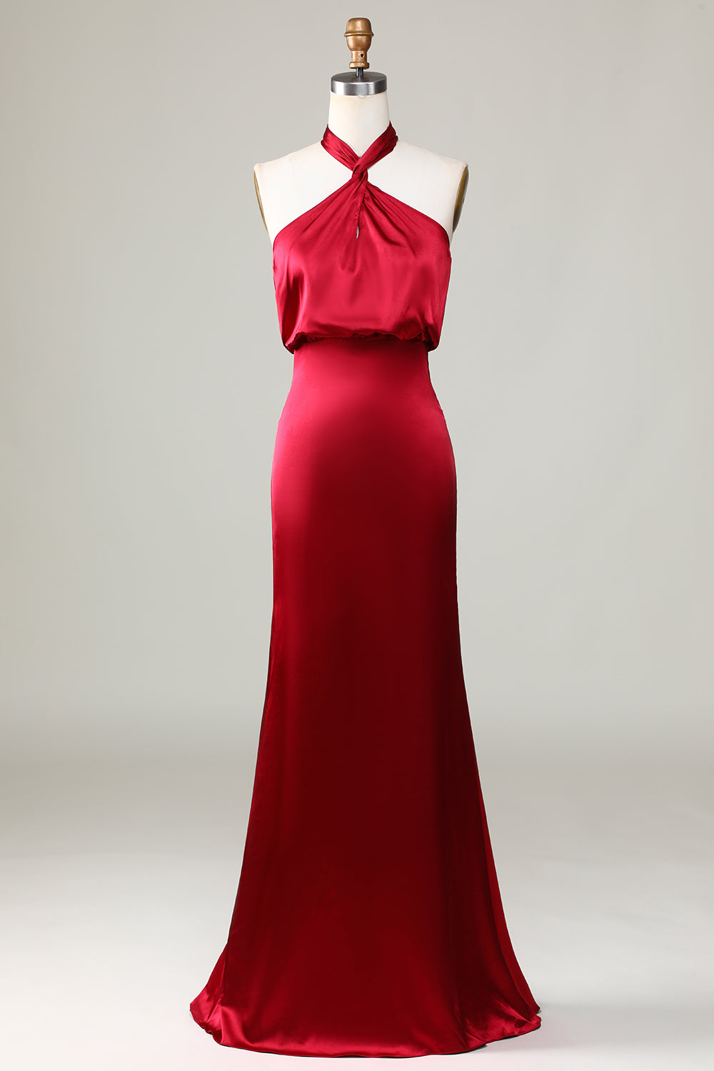 Mermaid Halter Bez rękawów Burgundy Bridesmaid Dress