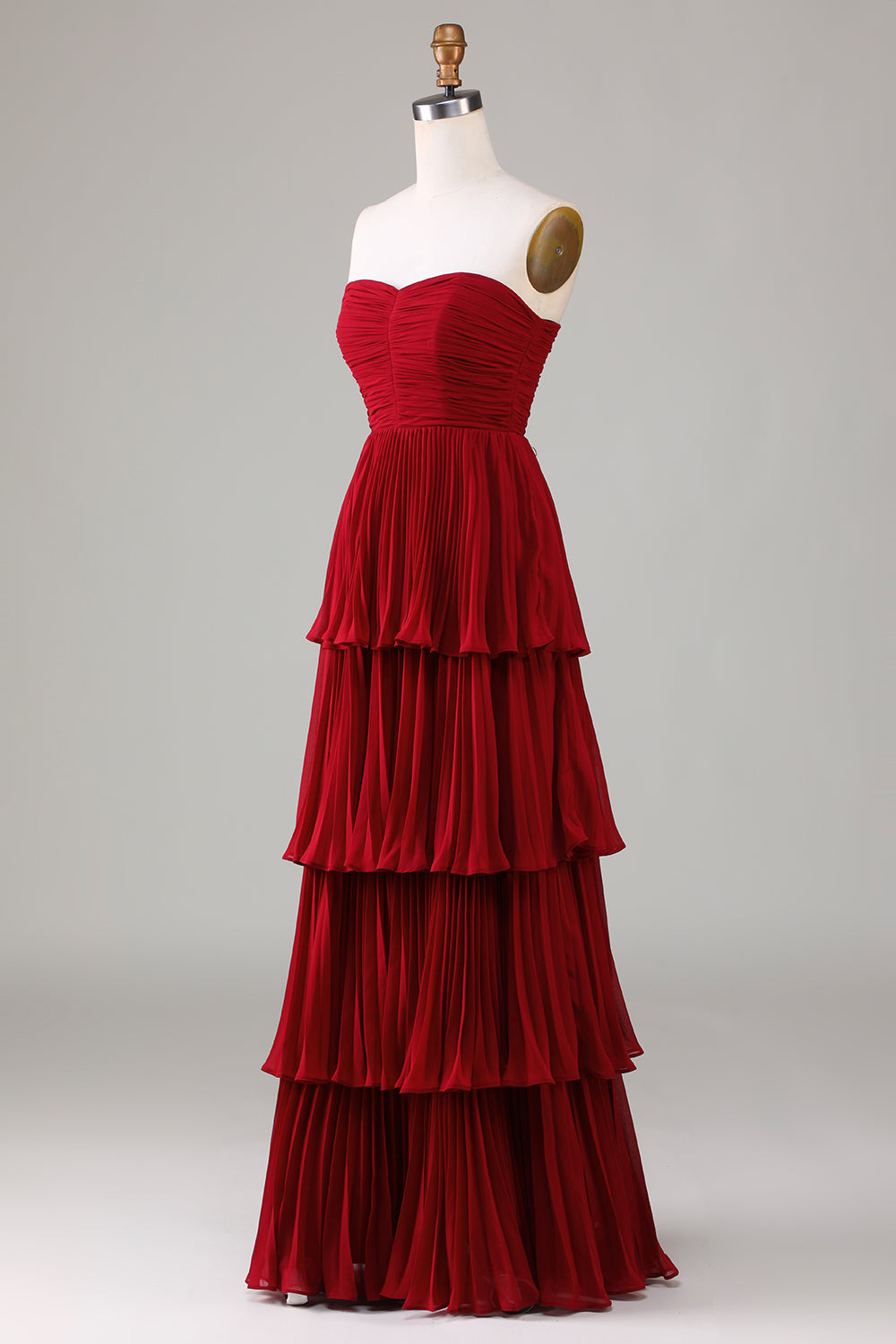 Bez ramiączek Tiered Burgundy Long Bridesmaid Dress