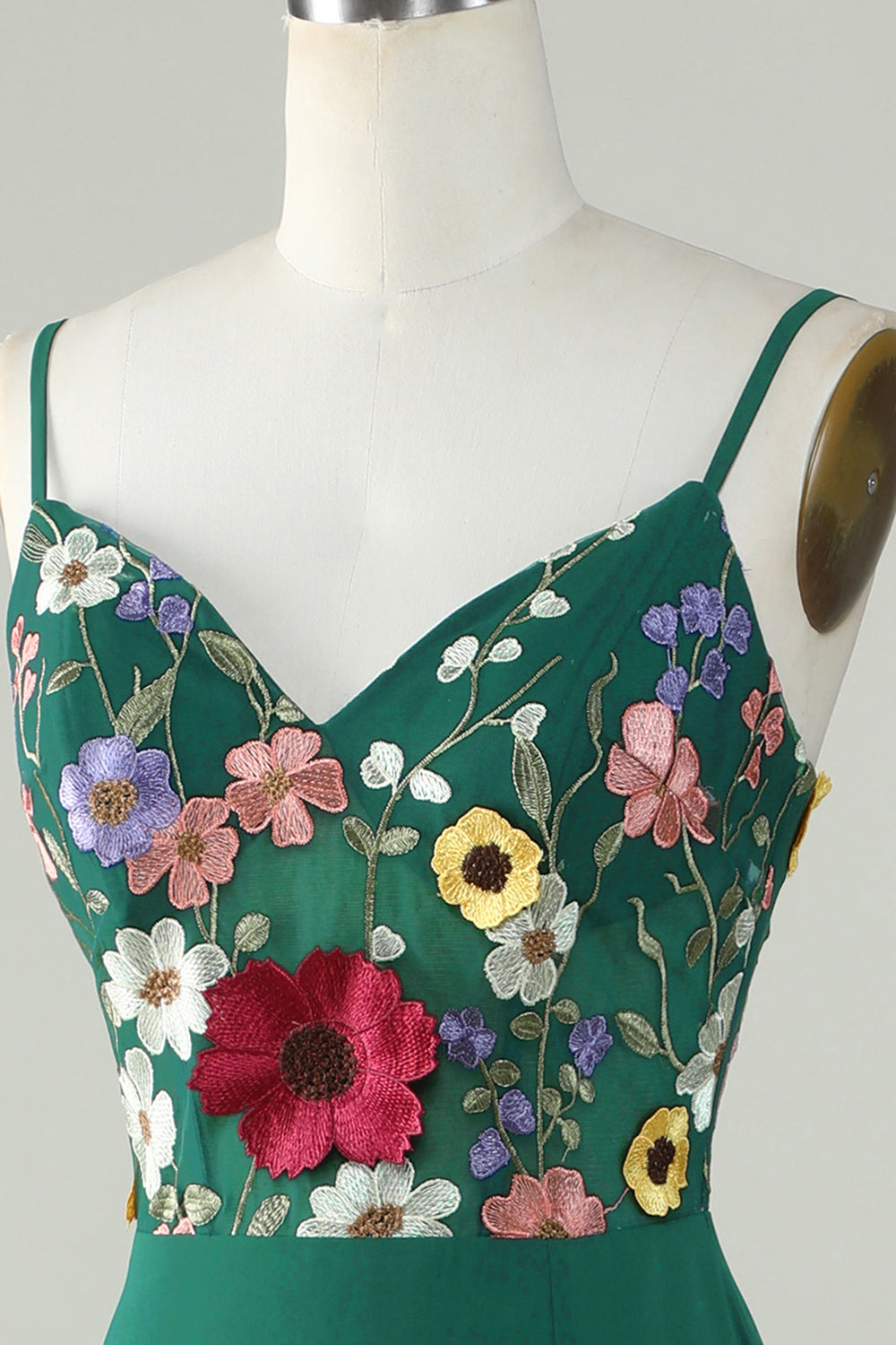 A-Line Spaghetti Straps Ciemnozielona długa sukienka druhny z kwiatami 3D
