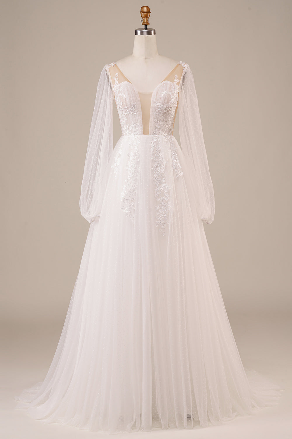 Suknia Ślubna Z Długimi Rękawami Z Otwartym Tyłem Z Kości Słoniowej Z Aplikacjami