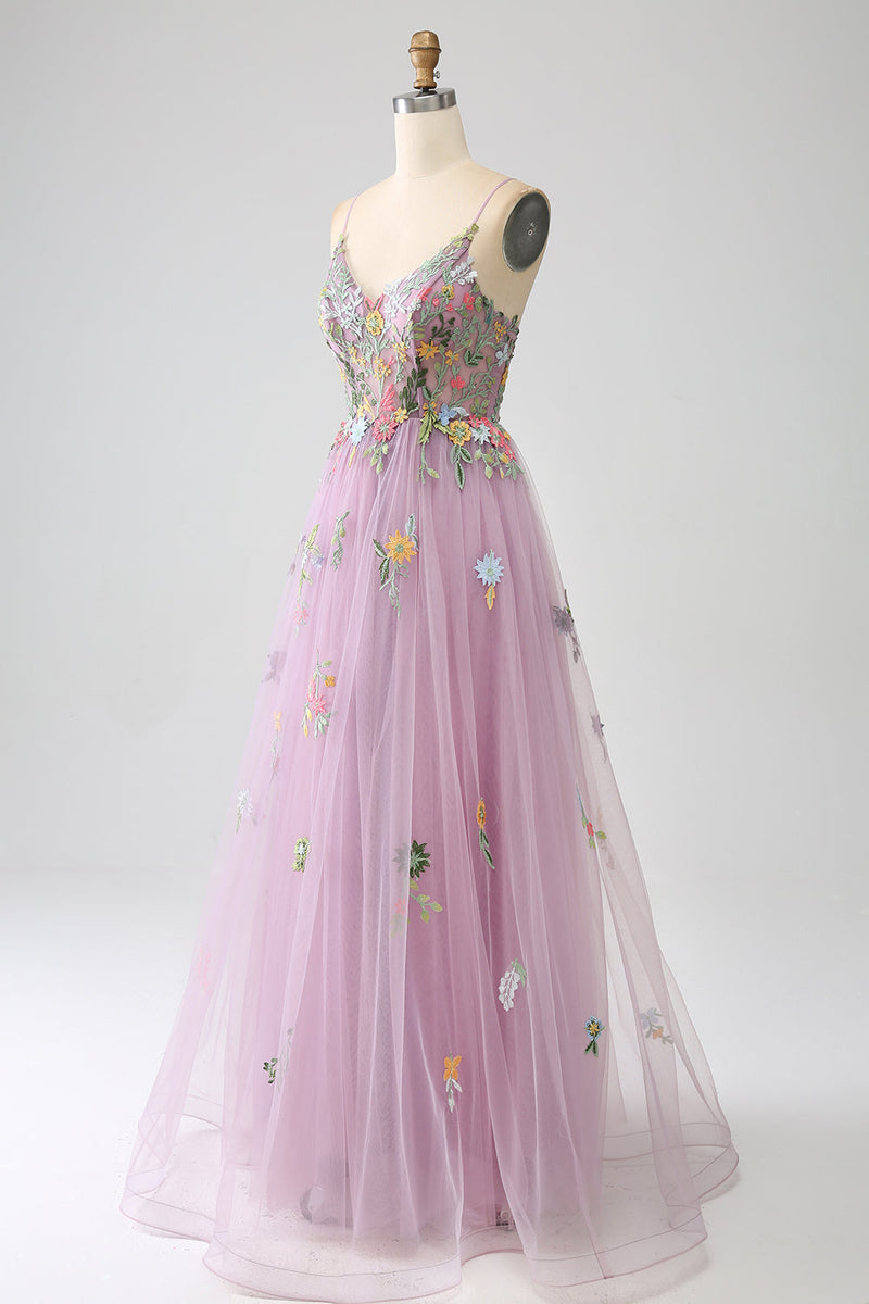 Załaduj obraz do przeglądarki galerii, Fioletowe Cienkich Ramiączkach Tiulowa Długa Sukienka Na Studniówkę Z Haftem