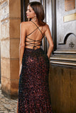 Błyszcząca Czarna Cekinowa Długa Sukienka Syrenka Na Studniówka z Rozcięciem